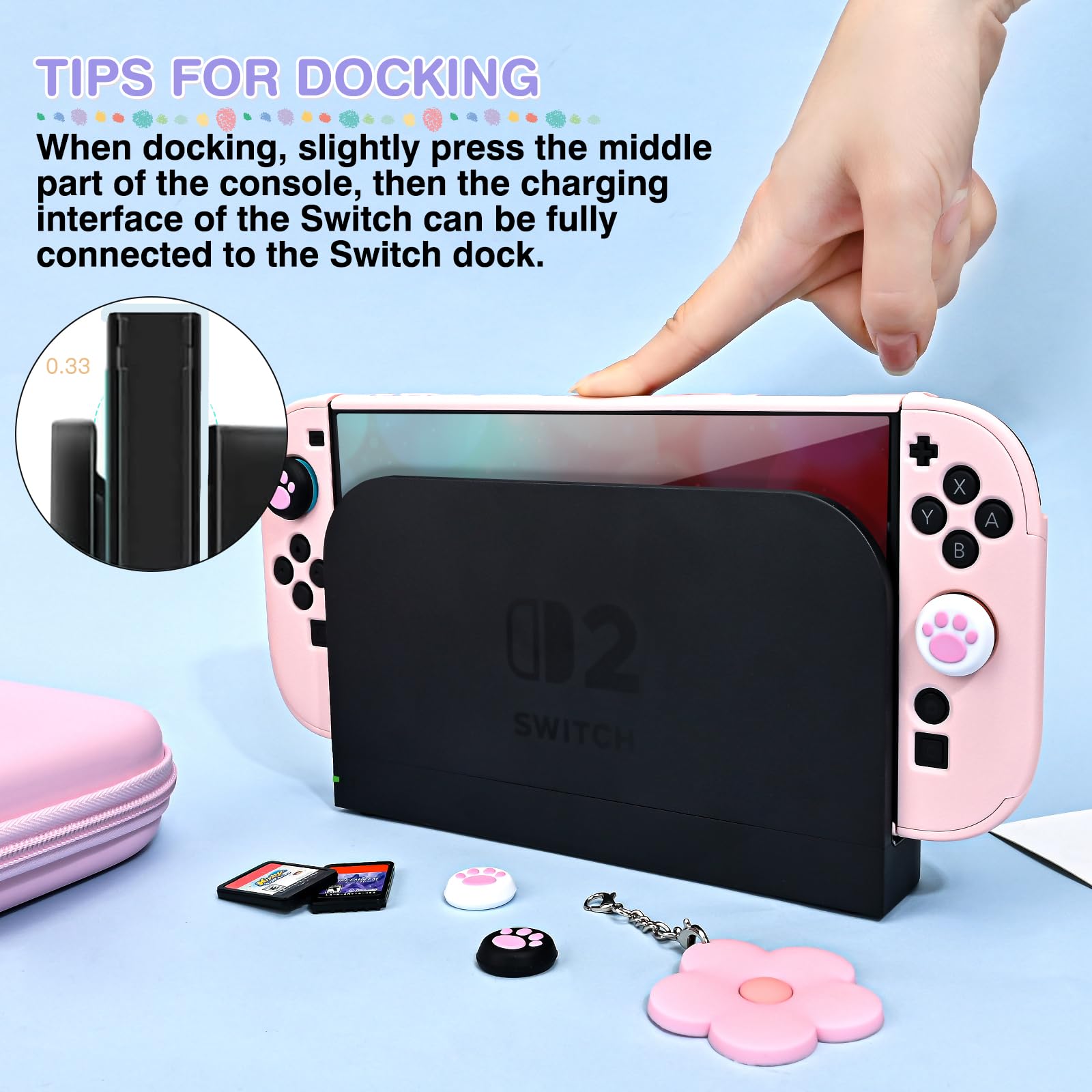 DLseego Custodia da Trasporto Solo per Switch 2, Custodia da Viaggio con Guscio Protettivo Robusto, 4PCS Grip Cover e 1PC Lovely Flower Charm,Rosa