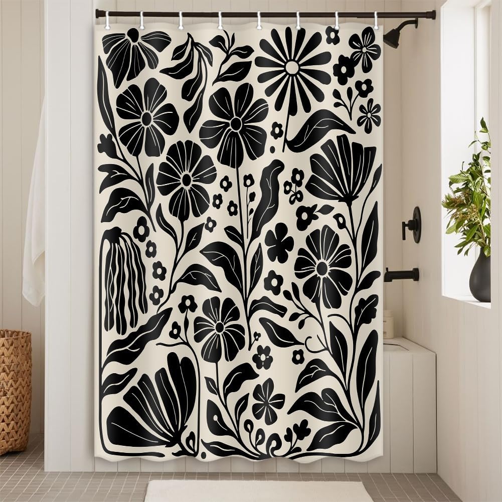 Boho Flower Floral Shower Curtain Cute Colorful Linen Abstract Shower Curtain Retro Flowers Plants Botanical Boho Shower Curtains for Bathroom with 12 Hooks 71X84 inch
