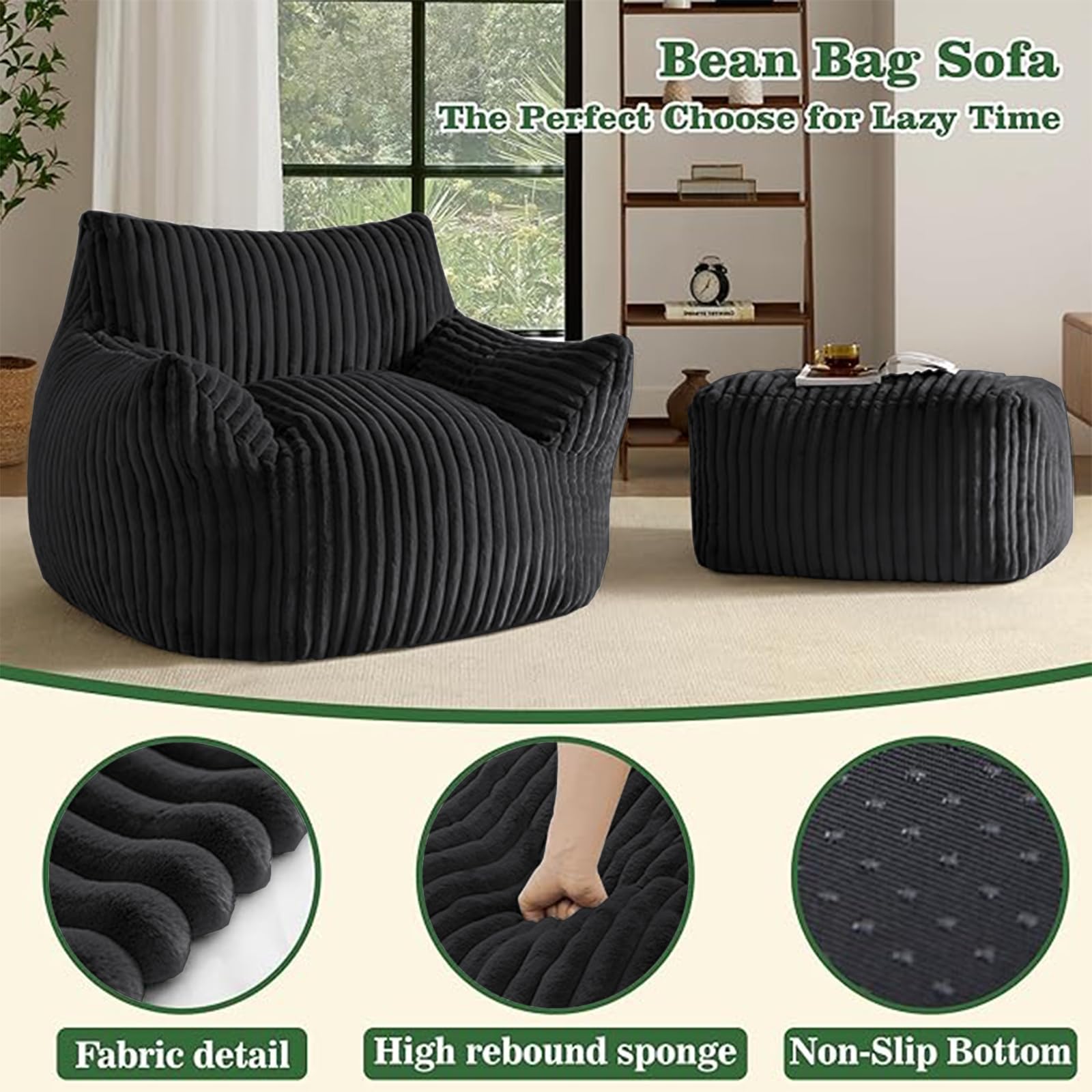 Sitzsack XXL für Erwachsene mit Ottoman, Corduroy Bezug, High-Rebound Füllung, Ergonomischer Relax Liegesessel (Schwarz)
