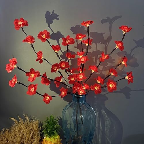 Miniatura 5 de Paquete de 2 luces LED rojas de ramas Bossom de ciruela, funciona con pilas, ramas artificiales, lamei floral, pequeñas ramitas de 30 pulgadas, 20