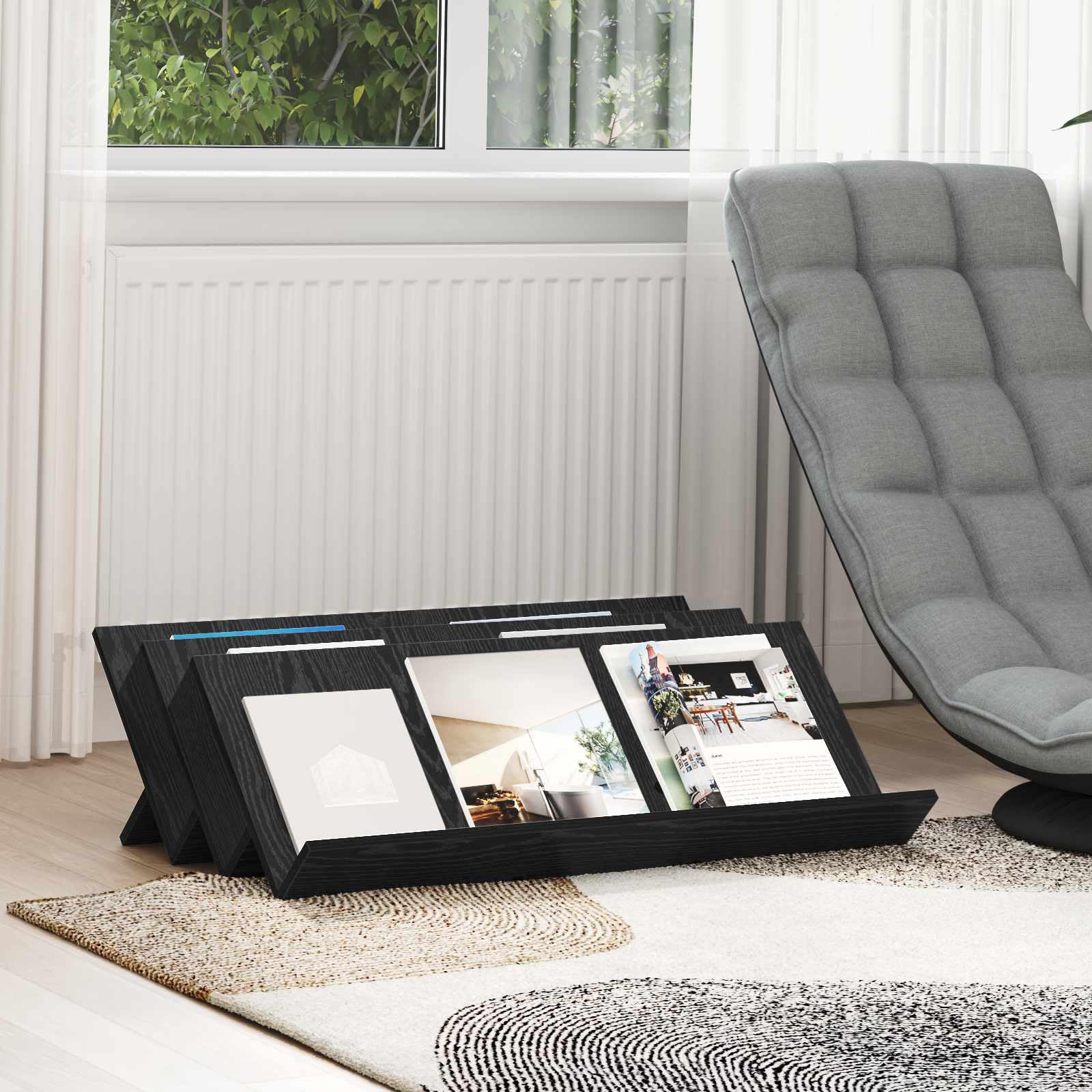 Regał na magazynek z regałem w kolorze czarnym o wyglądzie dębu, 90 x 53 x 28,5 cm, materiał drewnopochodny z 3 półkami, wszechstronne przechowywanie do salonu, biura, korytarza, kącika do