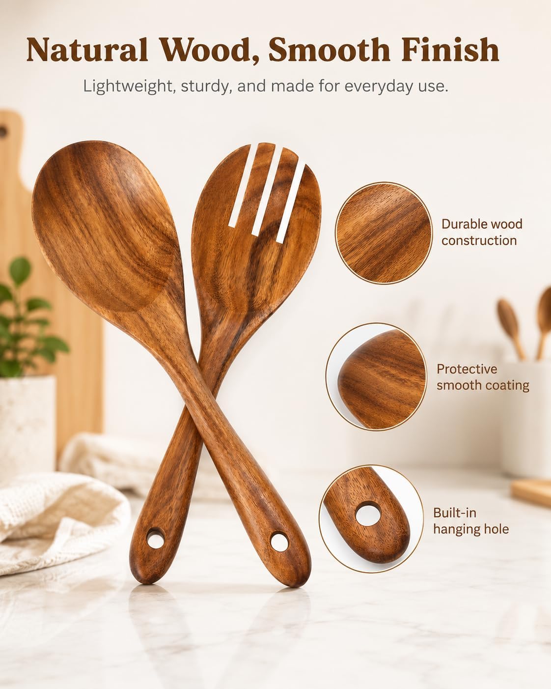 Wooden Salad Tongs, 10 Inch Natural Wood Salad Servers Set, Serving Spoons and Forks for Salad, Pasta, Cooking, Mixing, Tossing, Kitchen Utensils for Home and Party