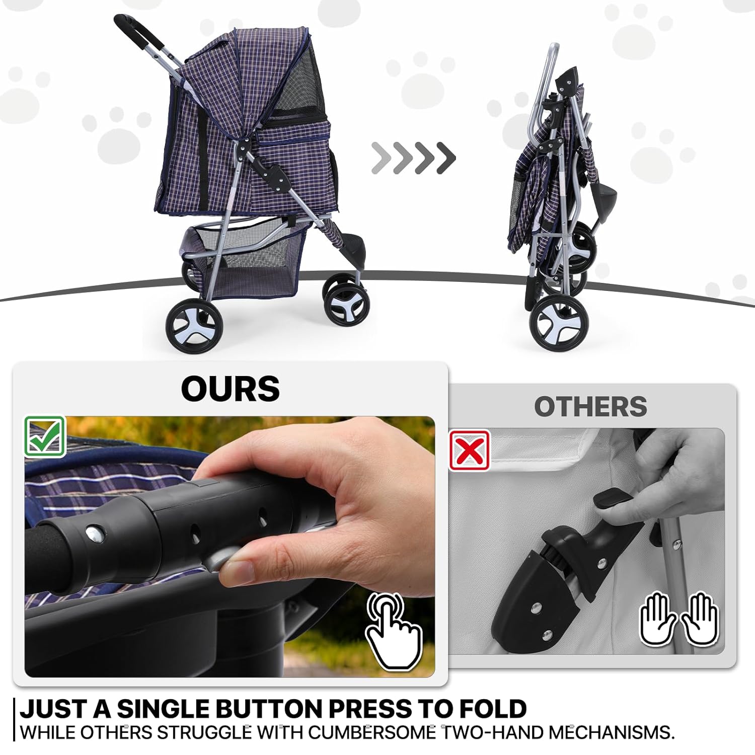 Plaid Foldable Dog Stroller with Storage and Cup Holder