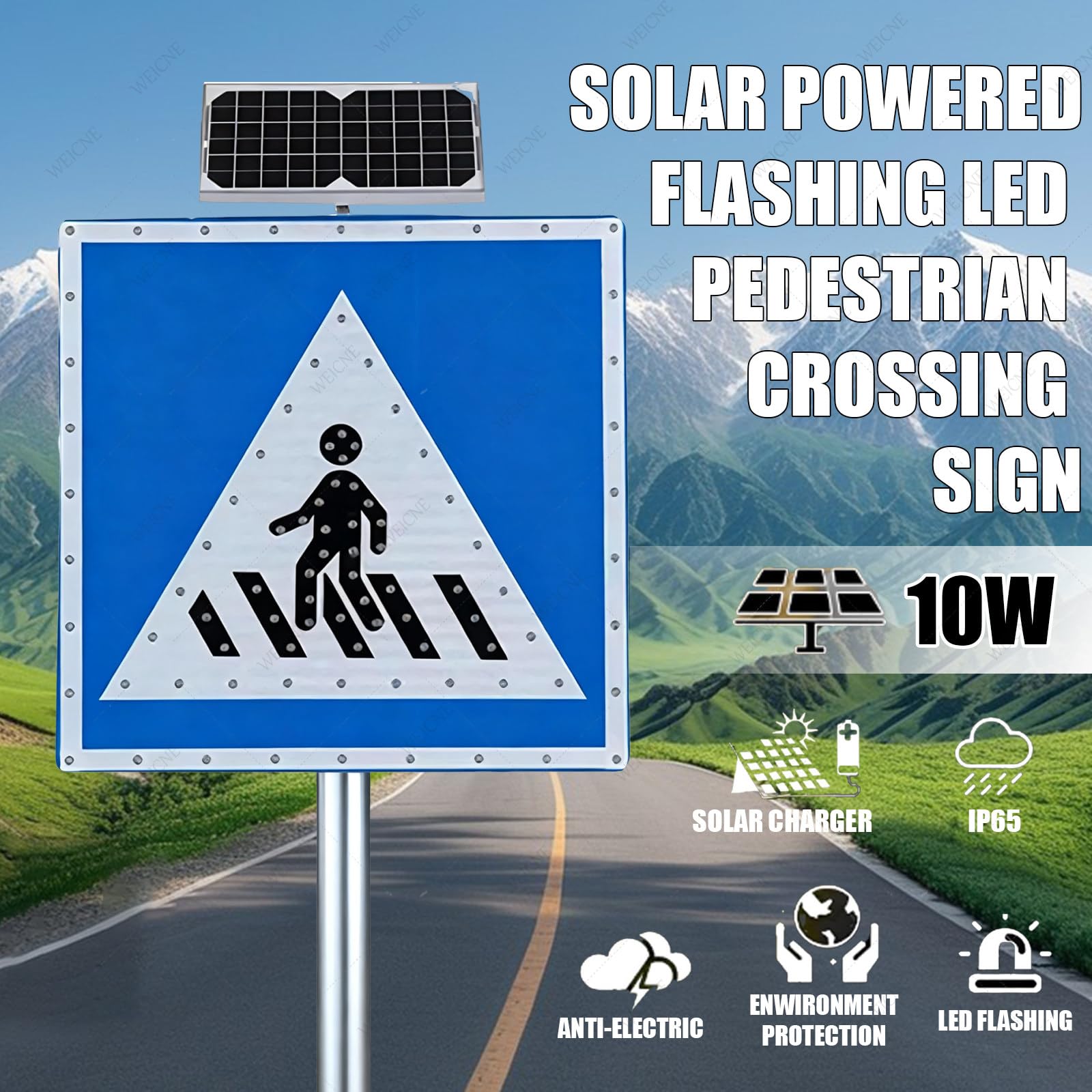 Semáforo LED, señal de Cruce peatonal LED con energía Solar - 61 x 61 cm / 76 x 76 cm - Película Reflectante de ingeniería - Señal de Advertencia de tráfico metálica Resistente a la corrosió