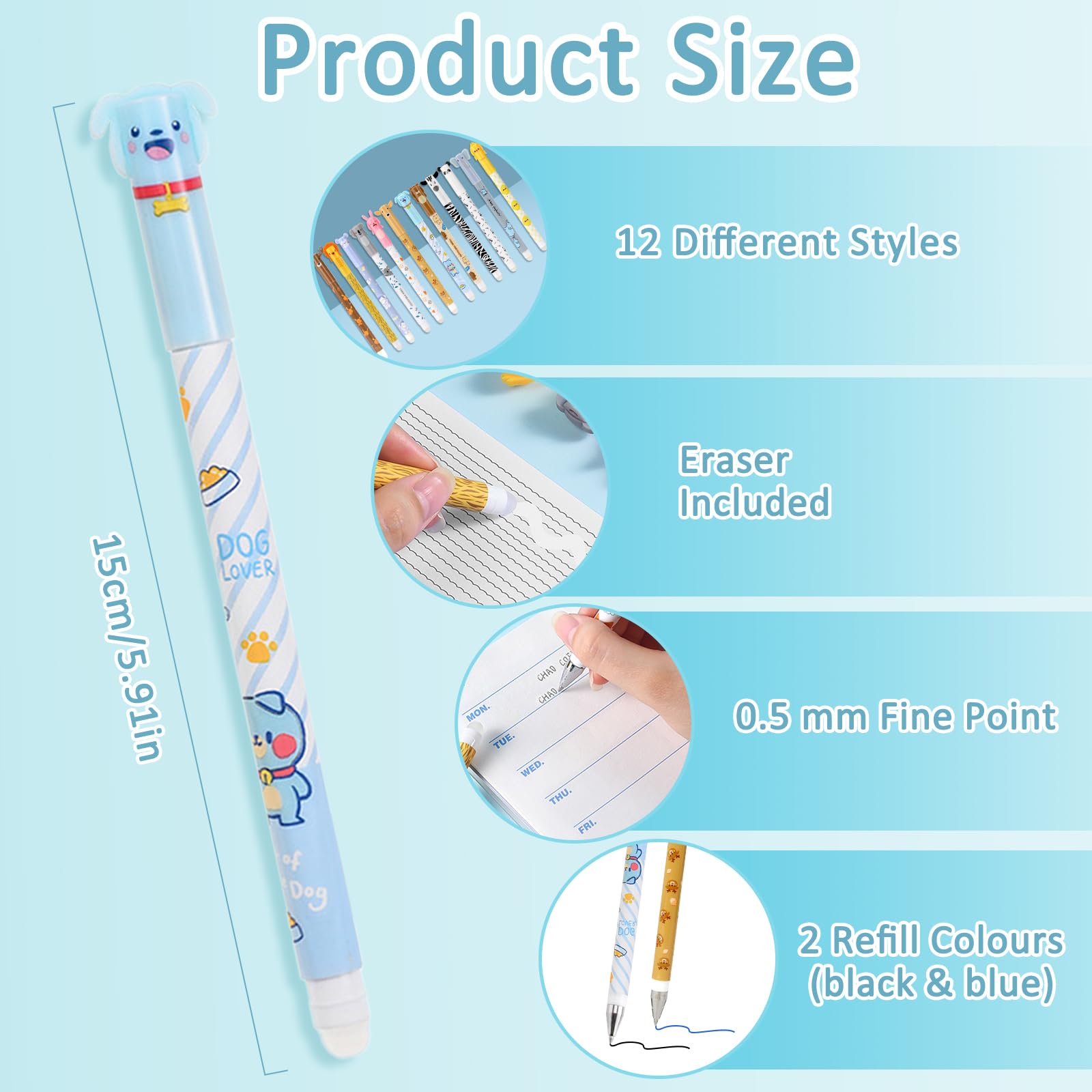 12 unidades de tinta negra y azul de dibujos animados con punta borrable, bolígrafo de gel borrable de 0,5 mm de diámetro de mina, bolígrafo borrable de dibujos animados, bolígrafo borrable para