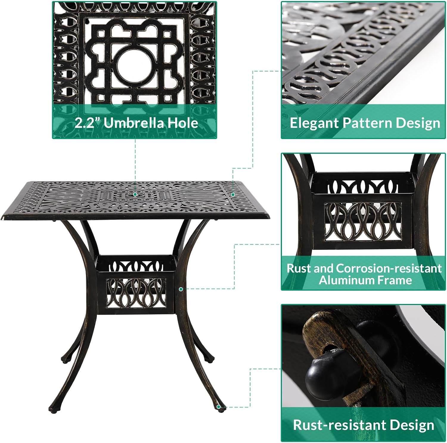 VIVIJASON 5-Piece Outdoor Patio Dining Set, All-Weather Cast Aluminum Conversation Set, Patio Furniture Set, Include 4 Swivel Dining Chairs, a 35.4" Square Table w/Umbrella Hole, Navy Blue Cushion