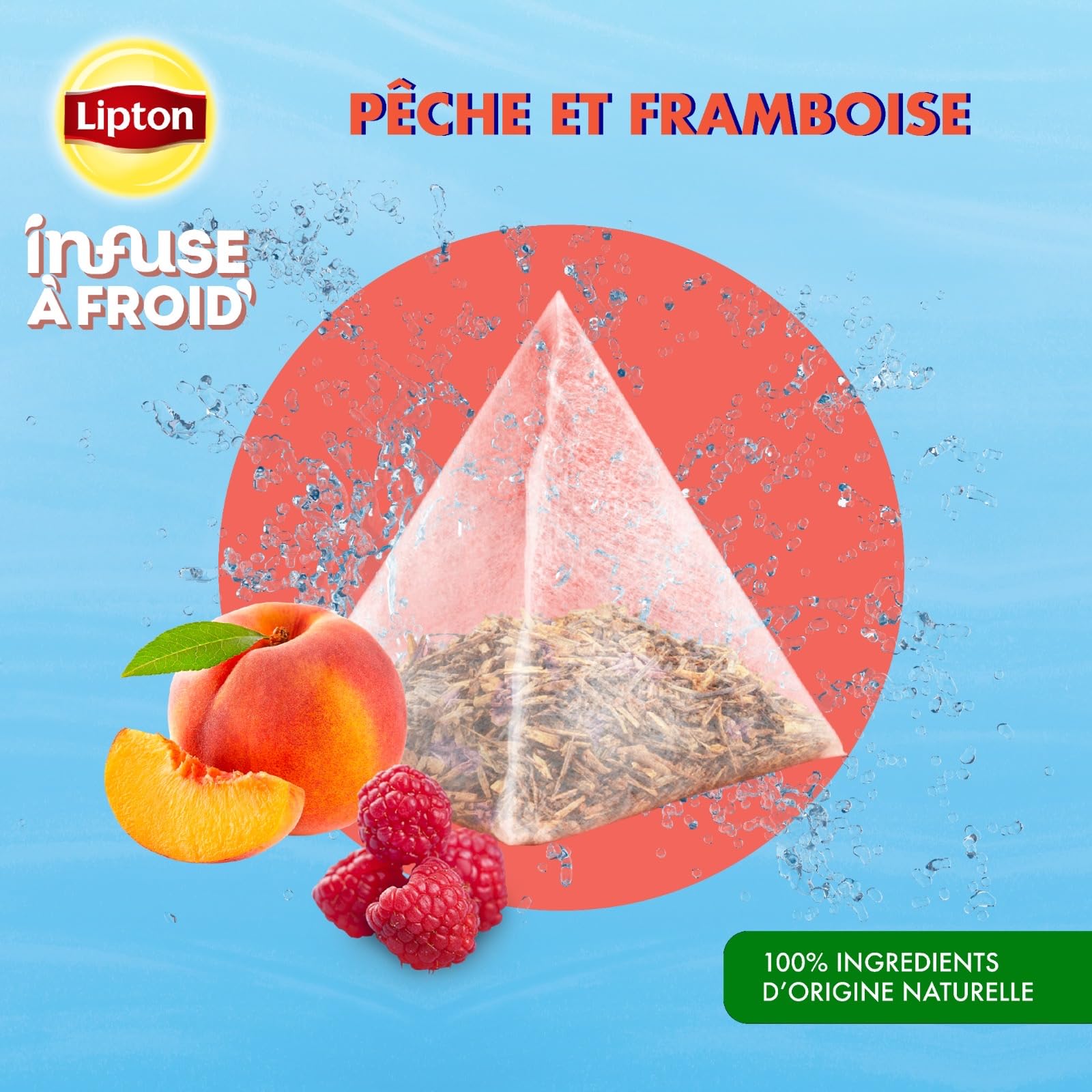 Lipton Té frío, sabor a melocotón y frambuesa, ideal para té helado, refrescante bebida de verano, 6 x 15 bolsas de pirámide