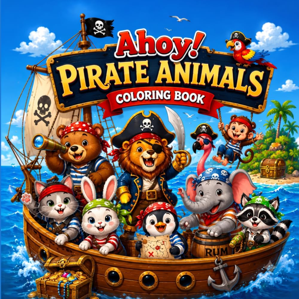 Ahoy! Pirate Animals Coloring Book: Cute Pirate Crew, Treasure Hunts & Ocean Adventures for Kids Ages 4–8