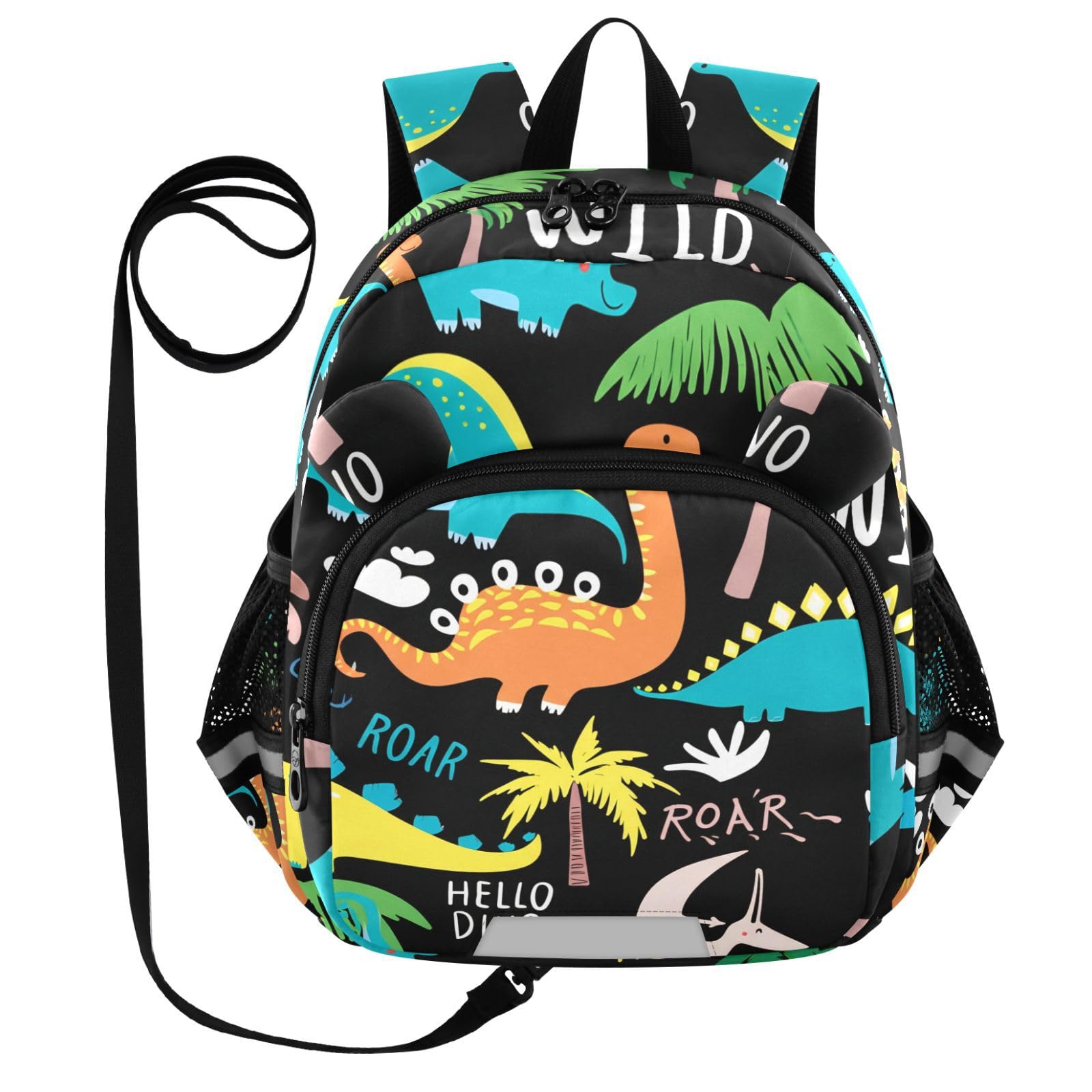 Cartoon Dinosaur Palm Black Toddler Harness Backpack for Boys Girls 3-6 Years Kids Backpack with Anti Lost Safety Leash Baby Travel Bag for Travel Walking Preschool