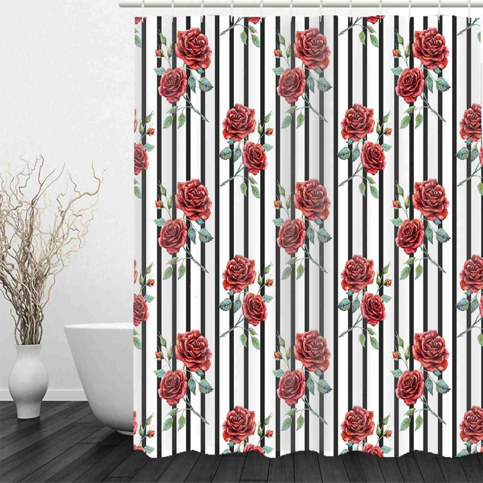 Rideau Douche Anti Moisissure Impermeable Rideaux en Tissu Anti-Moisissure Roses Rayures Verticales Qui Ne Colle Pas Baignoire Salle Bain Rouge 220x180cm