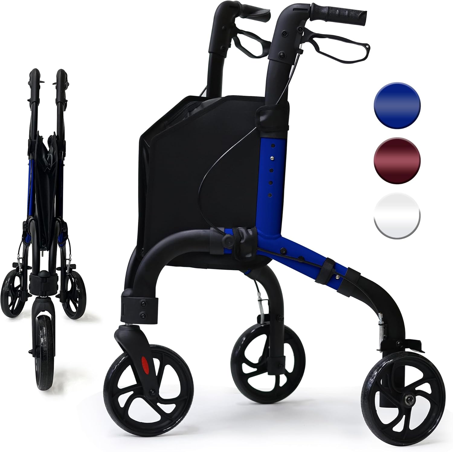 Premium 3 Wheel Rollator Walker for Seniors, Lightweight Foldable Elderly Three Wheeled Rollator with Storage Bag, Aluminum Mobility Aid Rolling Walker (Black & Blue)