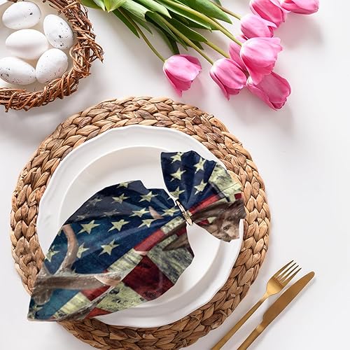 Juego de 4 servilletas de tela con diseño de ciervos y bandera estadounidense de 20 x 20 pulgadas, lavables y reutilizables, servilletas de cocina,