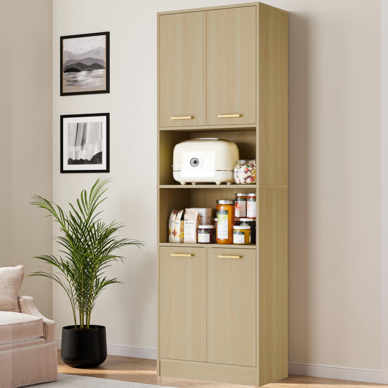 Cozy Castle Kitchen Pantry Cabinet, 75" Tall Wood Storage Cabinet with Doors and Shelves, 4 Doors Open Countertop Utility Hutch Cupboard for Dining Room Living Room Bathroom Furniture, Oak