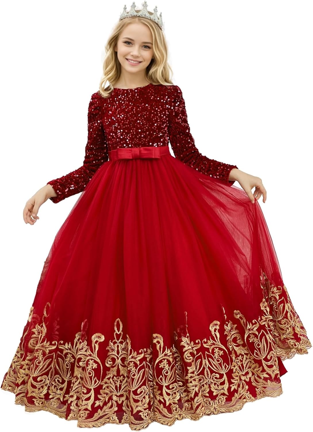 Sparkling Lace Appliques Flower Girl Dress with Long Sleeves and Sequin - Puffy Dresses for Girls Pageant Ball Gowns