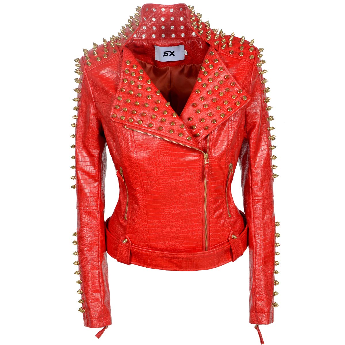 LFSS Women's Personality Punk Rock Rivets Motorcycle Leather Jacket Studded Perfectly Shaping Short Motobiker Coats: 3X-Large Red