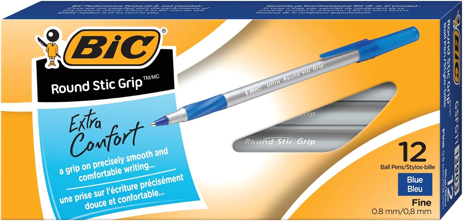 BIC GSFG11-Blu Round Stic Grip Xtra Comfort Ball Pen, Fine Point (0.8mm), Blue, 12-Count