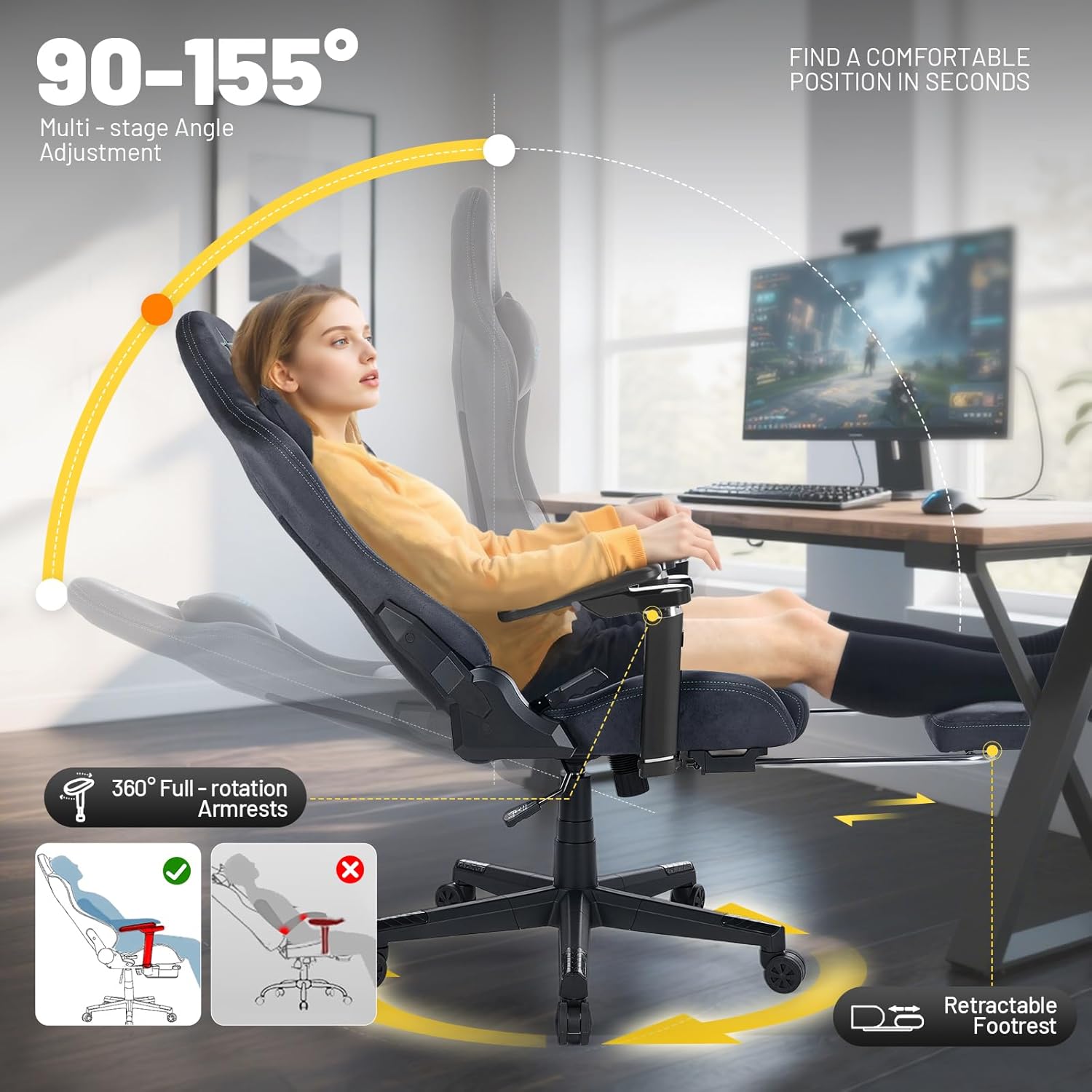 Gaming Chair with Footrest, Breathable Suede Fabric Computer Chair with 6D Armrests, Ergonomic Gamer Chair with Lumbar Support & 155° Recline for Adults (Dark Gray)