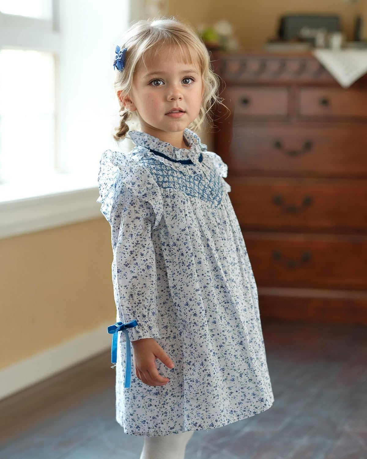 Toddler Baby Girl’s Floral Smocked Dresses | Long Sleeve Ruffle Vintage Dress with Bow