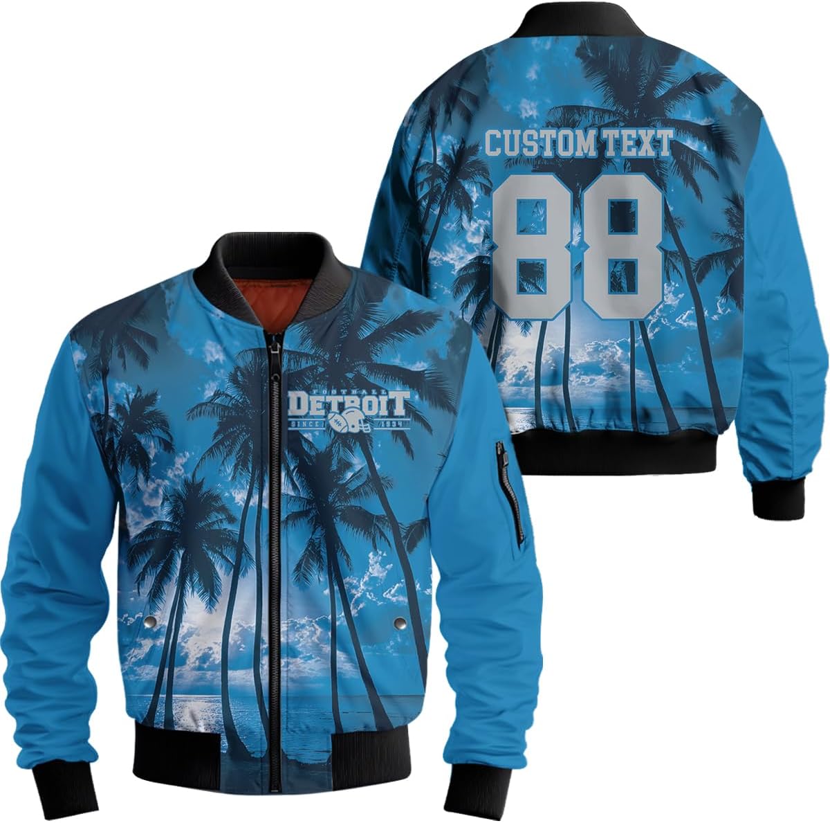 Custom Mens Bomber Jacket Palm Tree Sunset Football Graphic – Personalized Name & Number Gift for Sports Fans