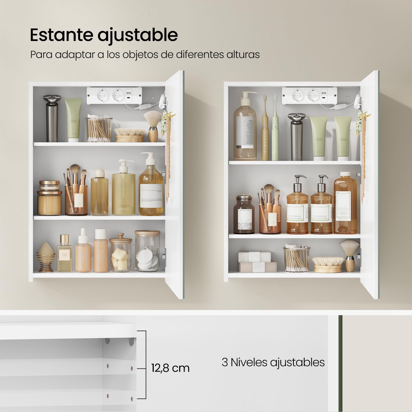 EUGAD Armario Baño con Espejo y Luz, Armario de Pared con Estantes Ajustables, Luz Táctil de 3 Colores, Ganchos de Joyería, Mueble Baño para Piso Apartamento, Blanco