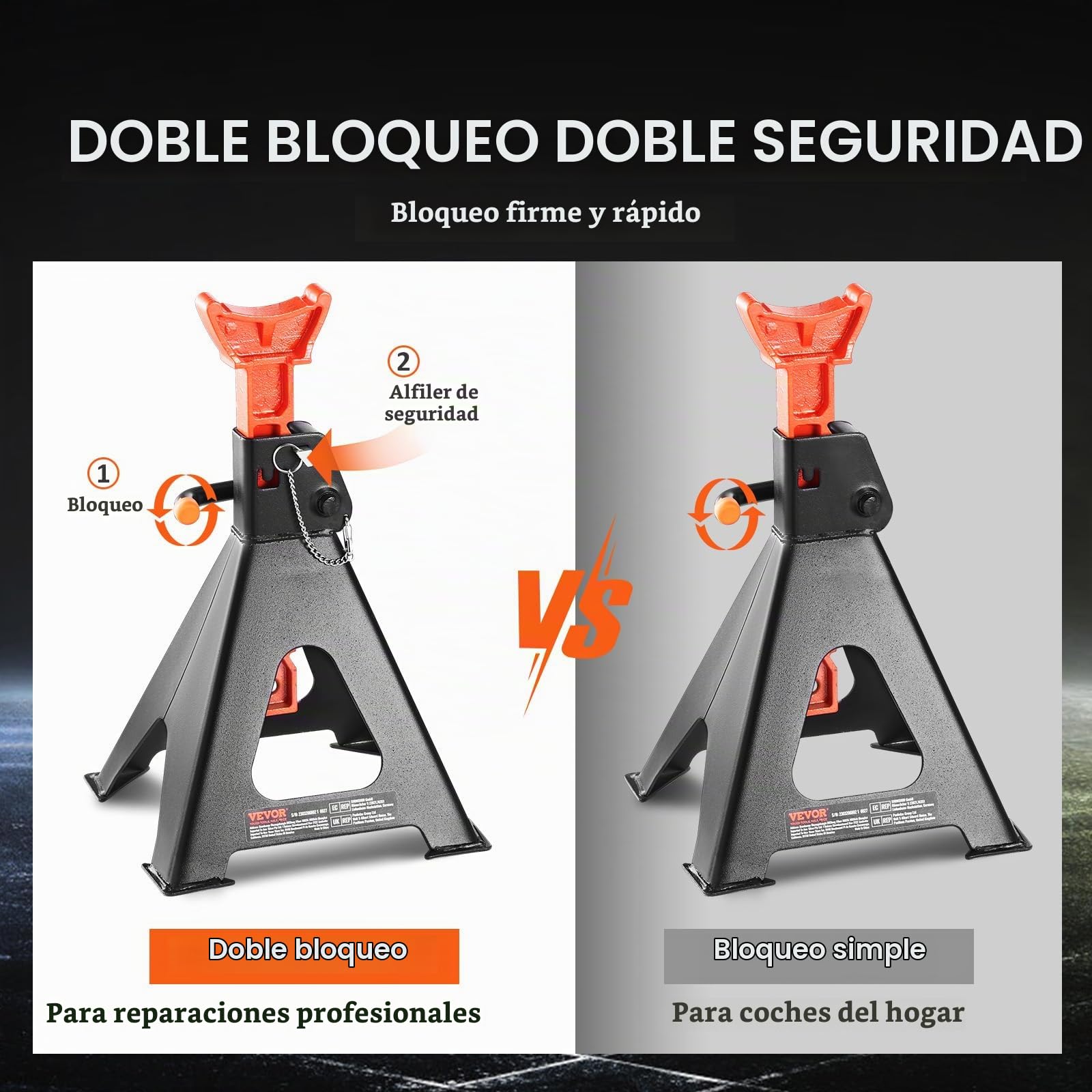 VEVOR Soportes de Gato Capacidad de 6 Toneladas (13,000 lbs) Soportes de Gato para Automóvil con Doble Bloqueo Altura Ajustable de 360-585 mm para Levantar SUV, Camioneta, Automóvil y UTV/ATV, 1 Par