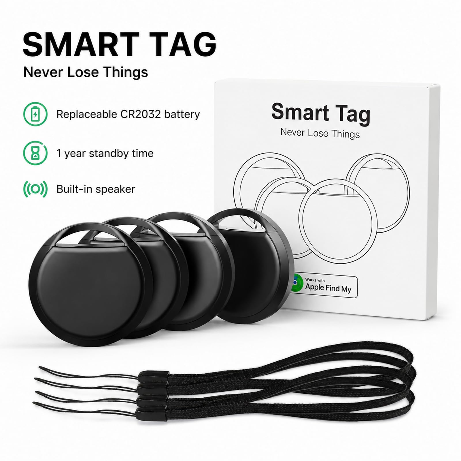 RSH Air Tracker Tag Lot de 4 localisateurs d'articles Bluetooth fonctionnent avec Apple Find My (iOS), alarme 80 dB, étiquette intelligente étanche IP67 avec batterie remplaçable, pour clés