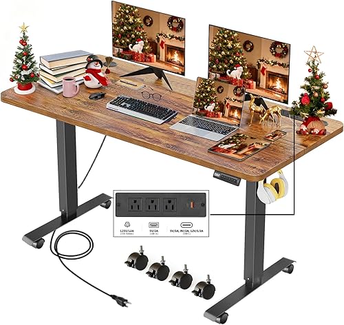 Legooin Escritorio eléctrico de altura ajustable de pie, escritorio sit-stand de 55 x 24 pulgadas con toma de corriente, 2 puertos USB, 3 tomas de