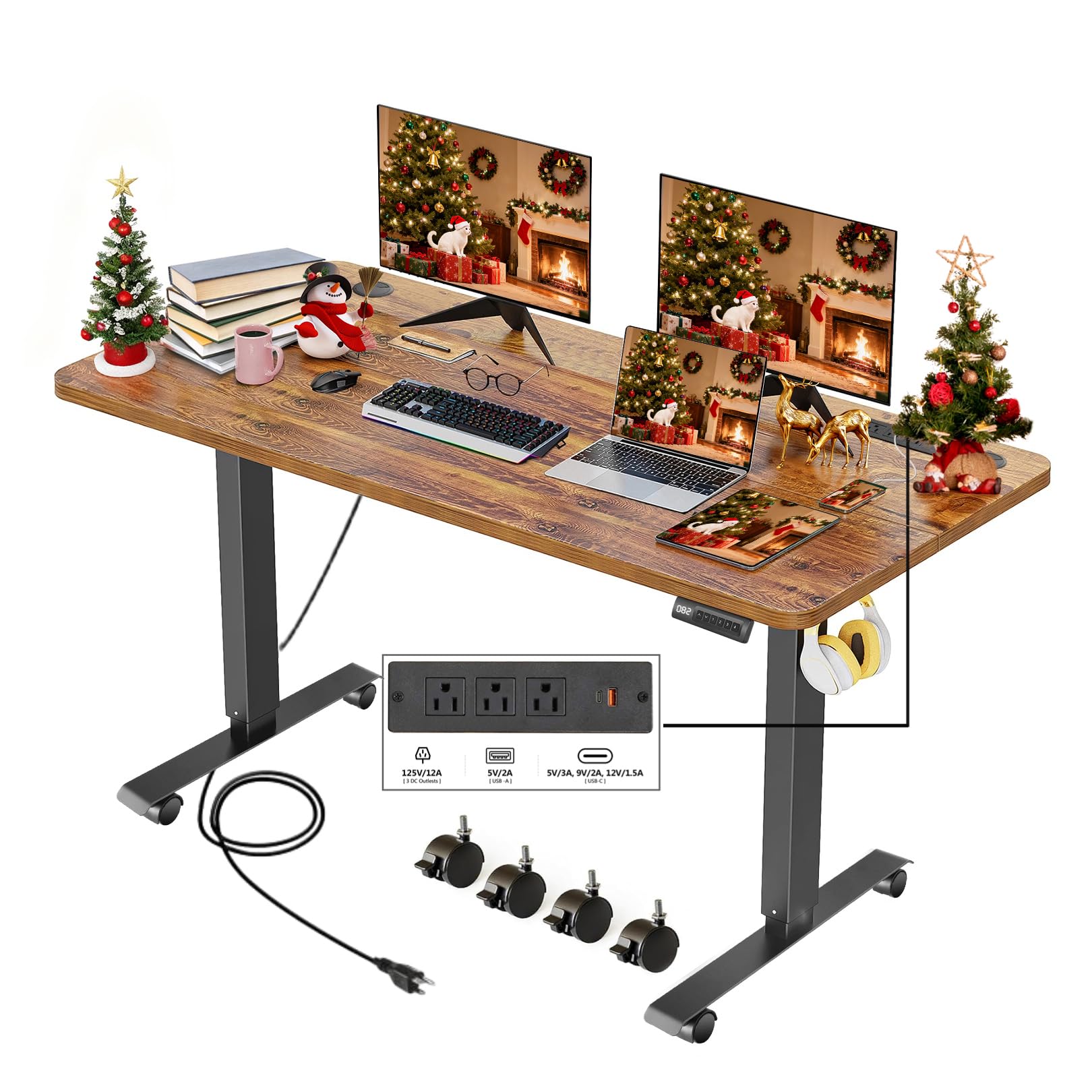 Legooin Electric Adjustable Height Standing Desk, 55×24 Inches Sit Stand Desk with Power Socket, 2 USB Ports, 3 Power Outlets, 4 Wheels,4 Memory