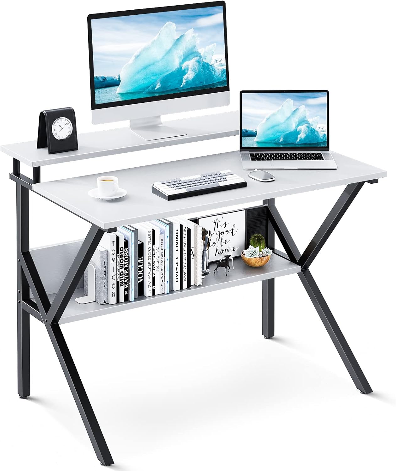 ODK Small Computer Desk for Small Spaces, 27.5 Inch Compact Desk with Storage, Tiny Study Desk with Monitor Stand for Home Office, White Tabletop+Black Frame White 27.5 inch