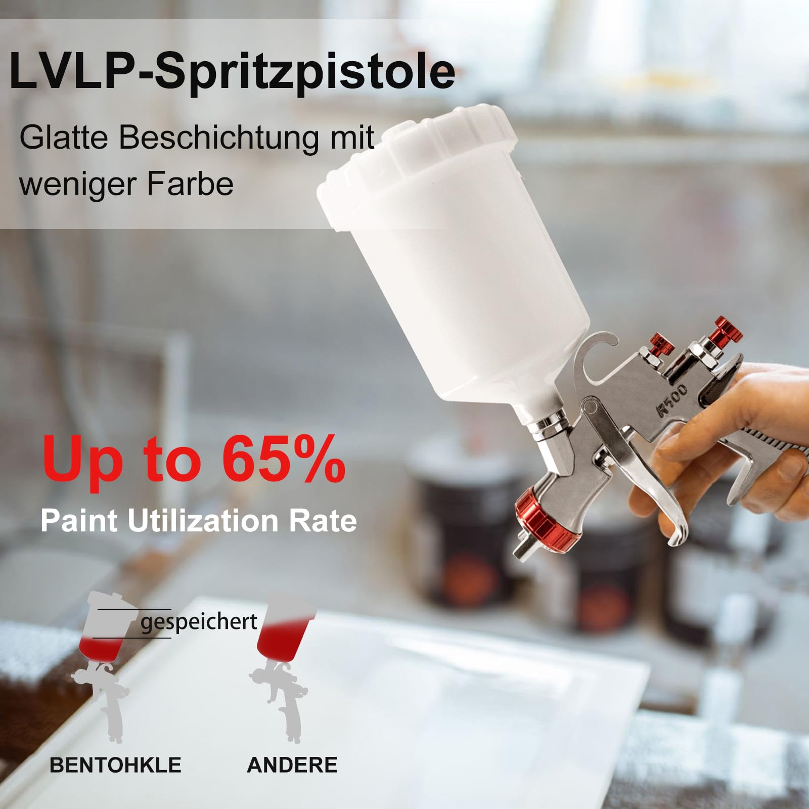 R500 LVLP Pistola de pulverización de aire, pistola de pulverización con 4 boquillas de 1,3/1,5/1,7/2,0 mm y regulador de aire, sistema de pulverización de color para coches y casa DIY (4 boquillas de
