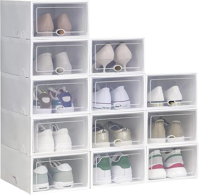 Youyijia 12PCS Shoe Box Stackable Transparent Foldable Drawer Type Shoe Box Breathable Sports Shoe Box with Lid Suitable for Women and Men Plastic Storage Box