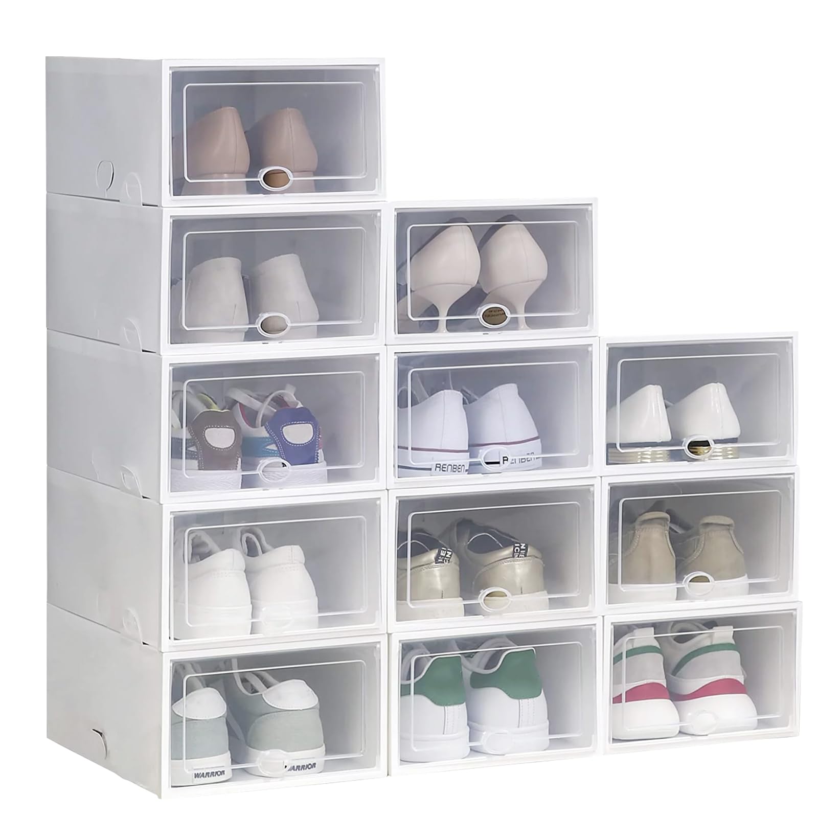 12Pack Shoe Box, Shoe Storage Box,Shoe Stacker,Stackable Shoe Boxes, Plastic Storage Stackable Foldable Organiser For Hallway Hall Living Room Bedroom Office Ect White