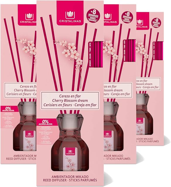 CRISTALINAS Air Freshener, Reed Diffuser, 40ml / 8 weeks, 0% alcohol, Cherry Blossom Dream, PACK OF 4