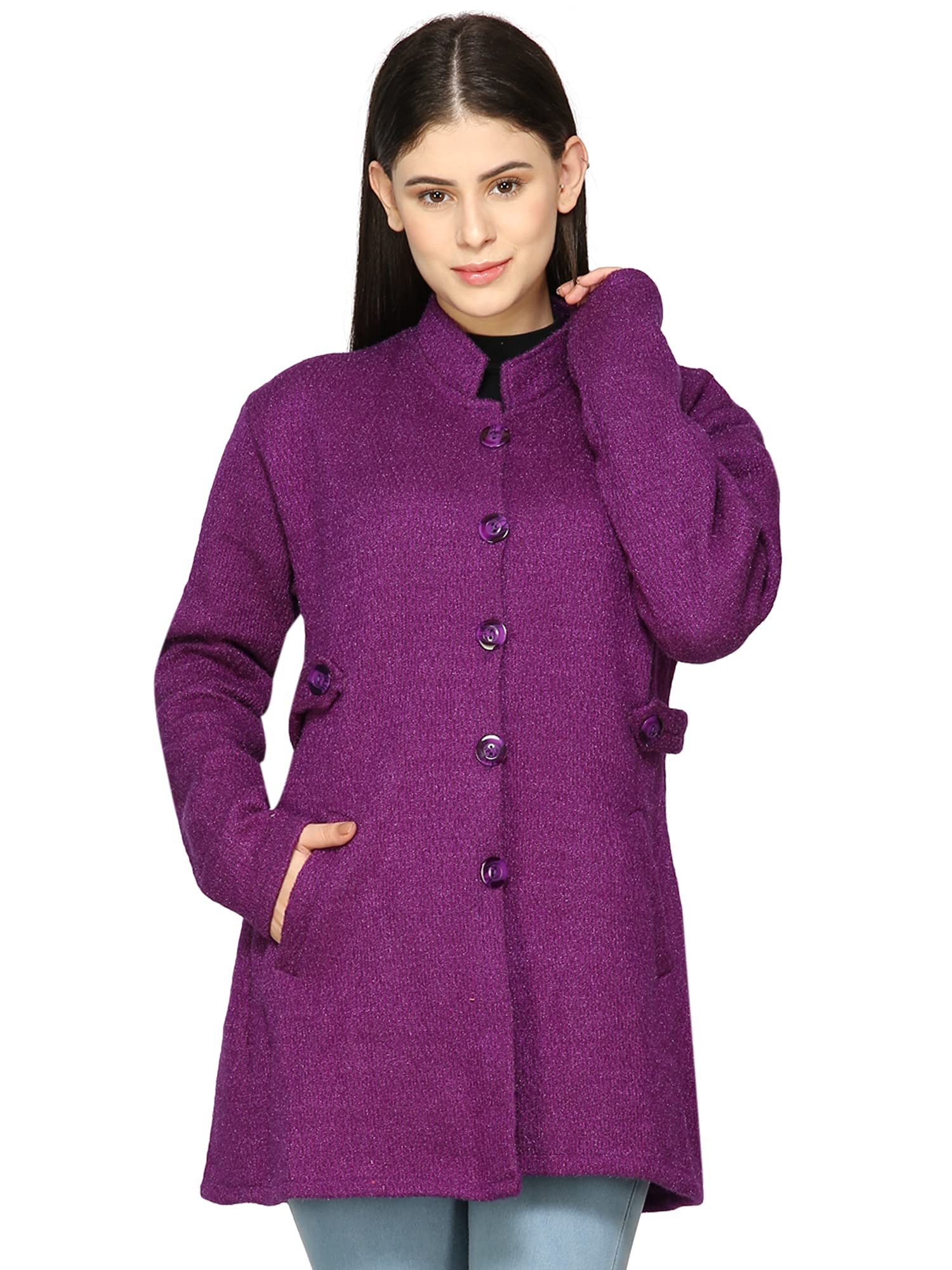 hautemoda Women's Woolen Mandarin Neck Cardigan with Pockets-picture-38