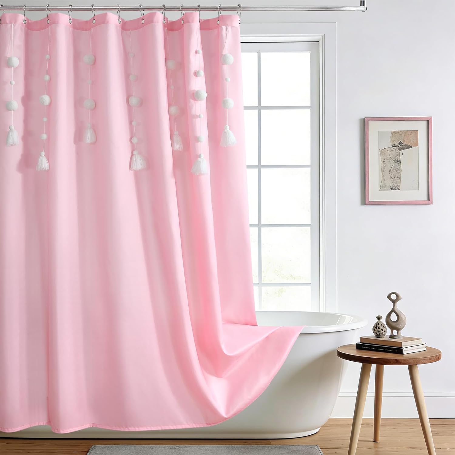 Boho Pompom Pink Shower Curtain, Lightweight Fabric Lovely Bath Curtain with Tassels White Balls, Boho Bathroom Decor, 72" W x 72" H