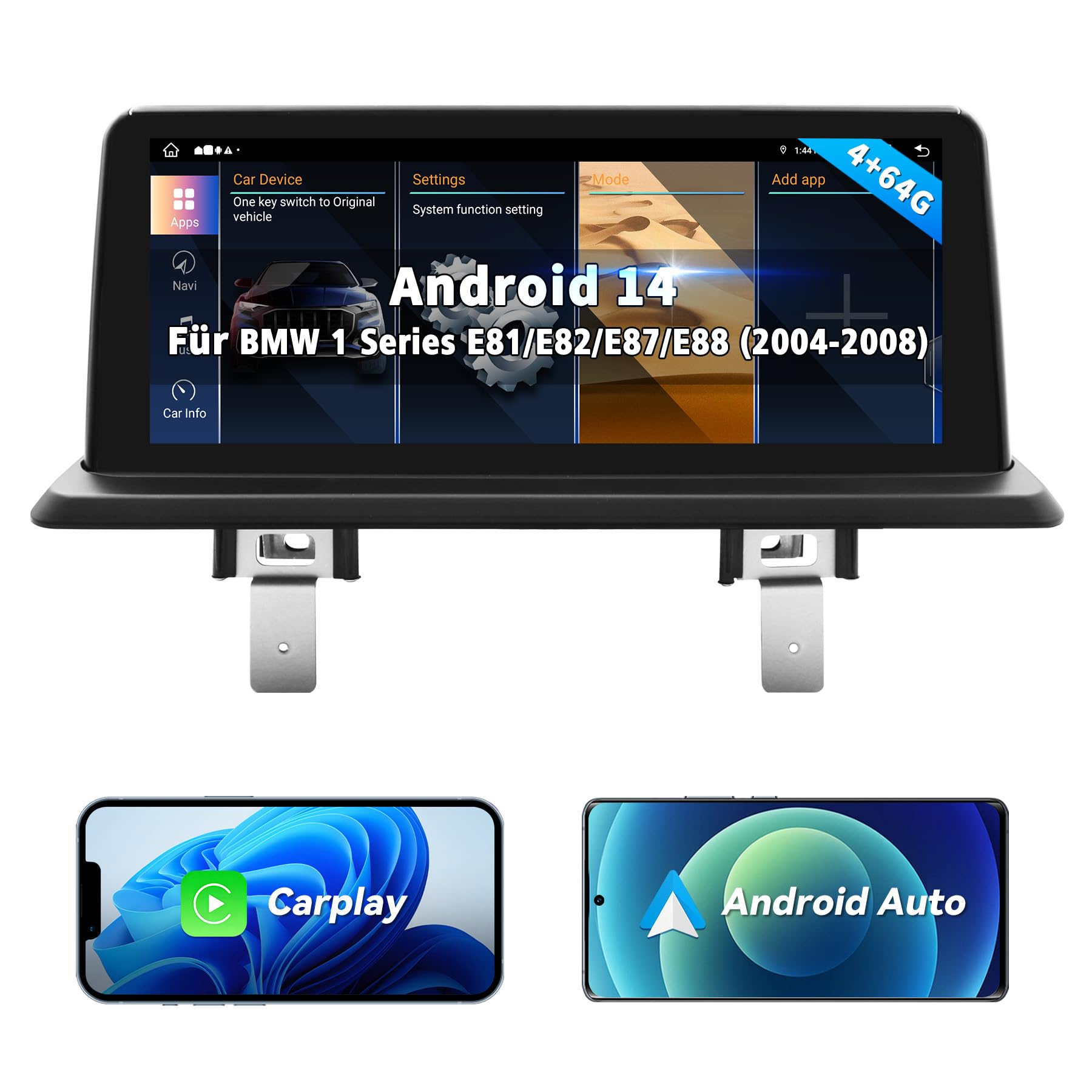 Autoradio Android 14 touchscreen da 10,25 pollici per BMW Serie 1 E81/E82/E87/E88 (2004-2008) con sistema CCC, CarPlay wireless/Android Auto, ricambi originali, navigazione GPS, Mirror Link