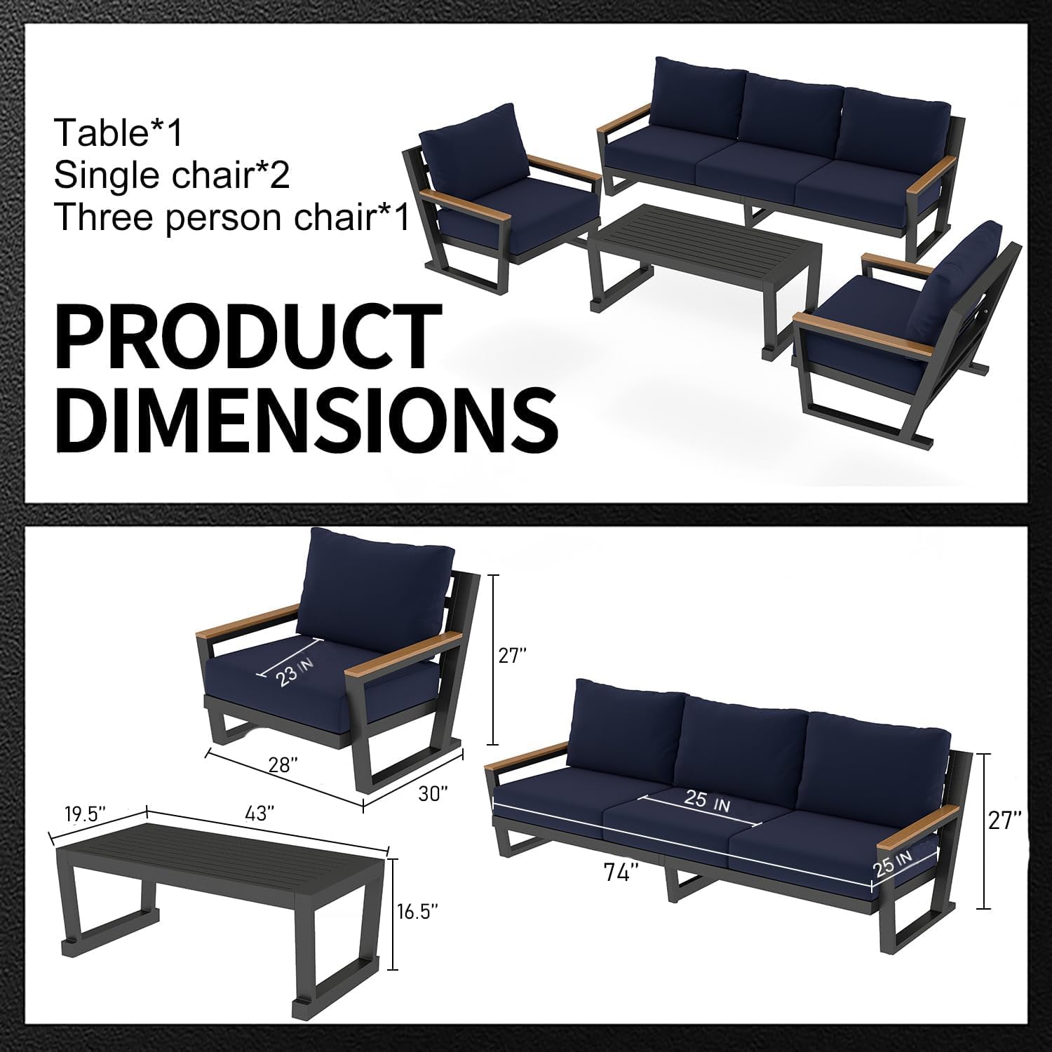 Aug-guan Aluminum Outdoor Sofa,5 Seats Modern Patio Furniture Set,Sectional Sofa Conversation Set with Coffee Table, Upgraded Washable Cushions for Garden Backyard,Blue
