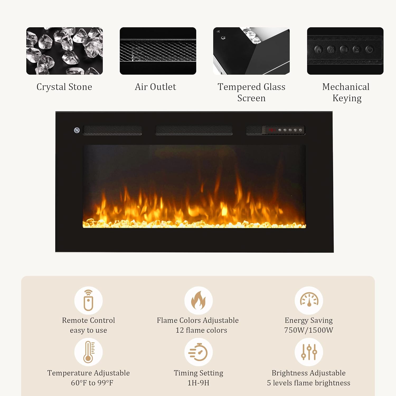 80" Fireplace TV Stand for TVs Up to 90", Entertainment Center with 36” Electric Fireplace and 12 Colors LED Lights, Large TV Console with Storage Cabinet for Living Room, Grey and Black