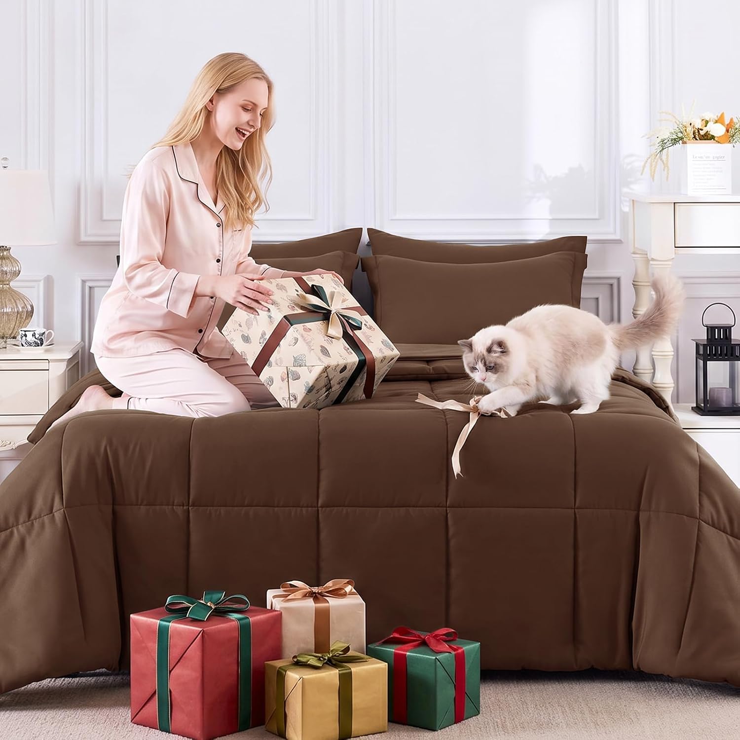 Twin XL Comforter Set, 5-Piece Bed in a Bag, Brown thumbnail