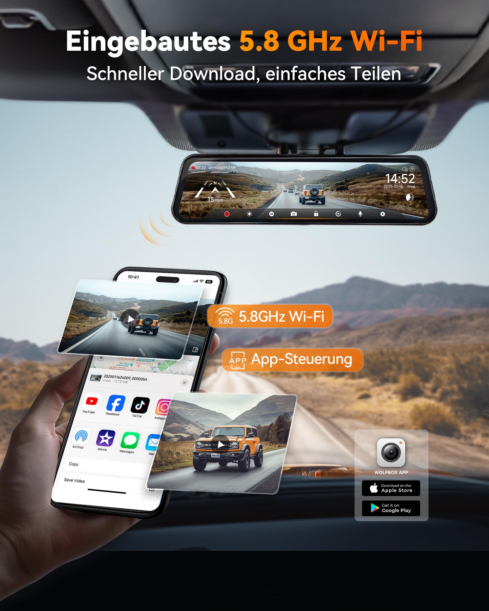 WOLFBOX G900Tripro Stoßstangen-Ausführung 3 Kanal 4K Rückfahrkamera Spiegel | 8MP STARVIS 2 IMX678, 4K+2.5K+1080P Dashcam Auto Vorne Hinten für Stoßstange, 5.8GHz WiFi, Sprachsteuerung, 256GB-Karte, GPS