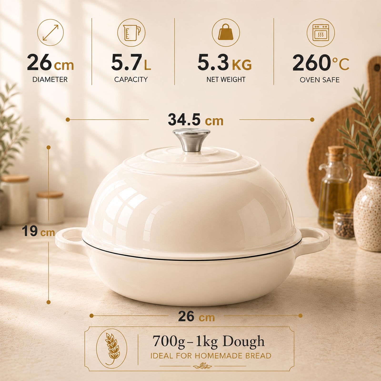 AHJ Gusseisen Topf Brot Backen, 5,7L Brotbacktopf mit Gärkorb & Silikonmatte,Emaille Dutch Oven 26cm für Sauerteig Brot, Bräter Schmortopf für Backen Schmoren & Braten,Geschenk für Brotbäcker (Weiß)