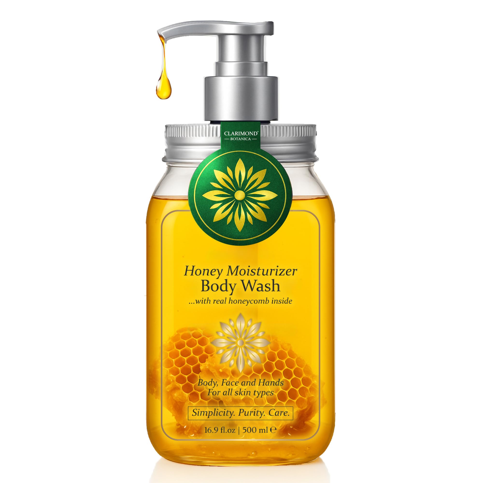 CLARIMOND ORALCARE Organic Honey Body Wash – Honey Shower Gel w/Royal Jelly, Propolis & Real Honeycomb – Body Wash for Dry & Sensitive Skin – 16.9 fl
