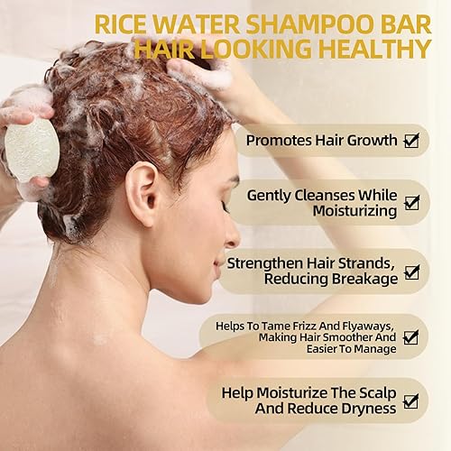Miniatura 4 de Paquete de 2 barras de champú de agua de arroz, barras de champú de arroz para el crecimiento del cabello, champú para cabello seco, jabón sólido