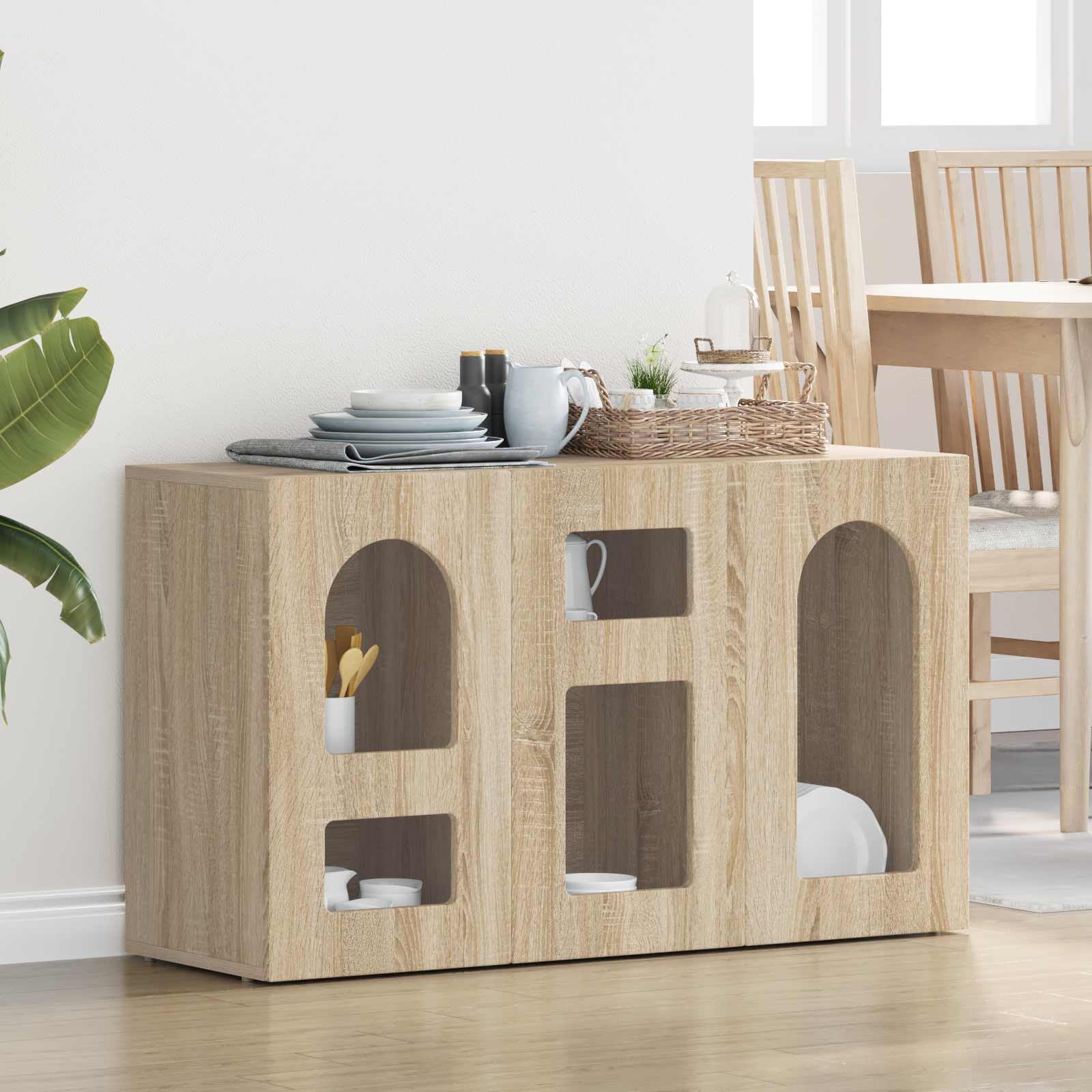 Buffet en chêne Sonoma pour salon, buffet moderne avec étagères pour salle à manger, fonctionnel avec rangement et surface facile à nettoyer