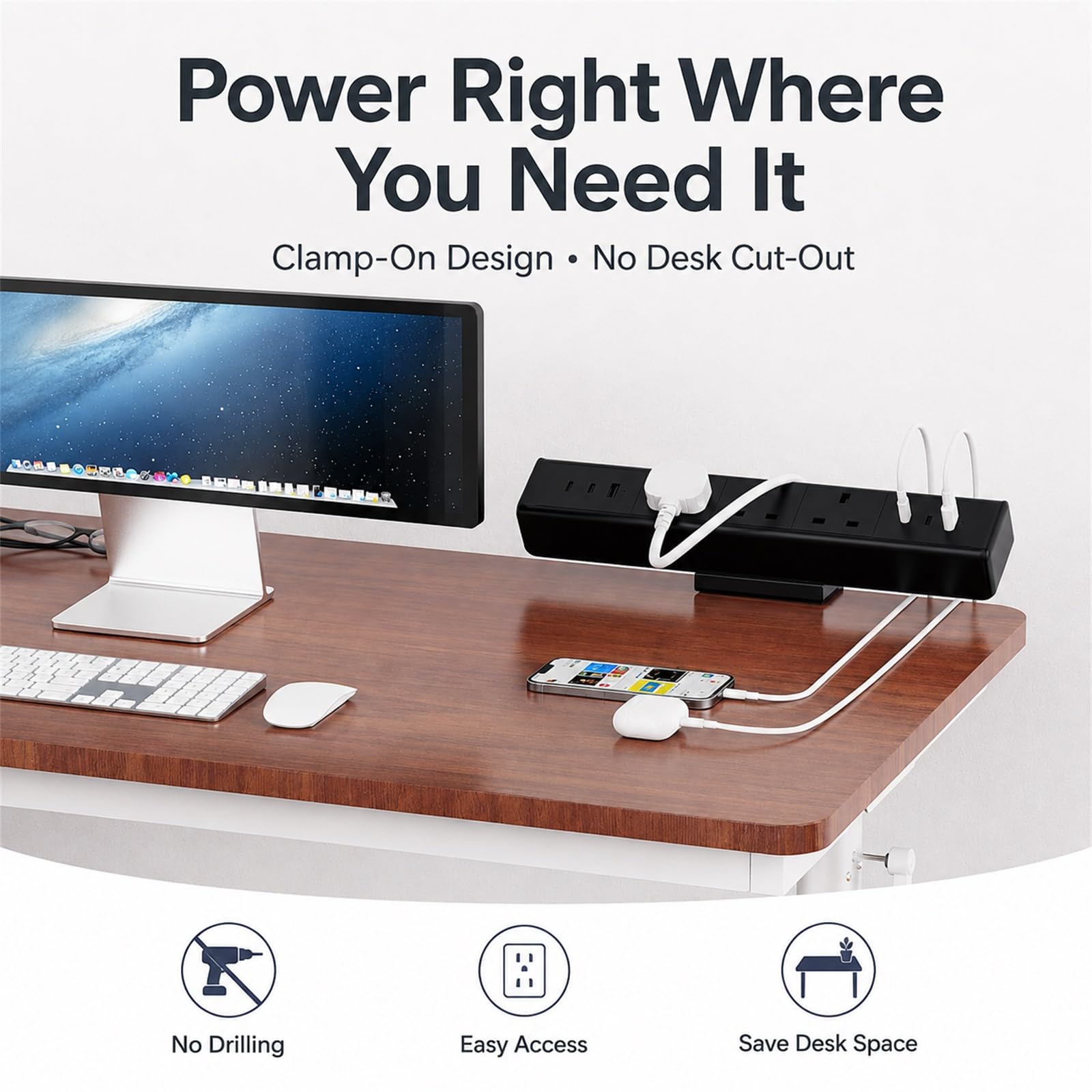 Presa di alimentazione con morsetto da scrivania, 3 prese UK con 4 porte USB-C e 2 porte USB-A, prolunga regolabile con morsetto, striscia di alimentazione da tavolo in alluminio, cavo da 2 m per