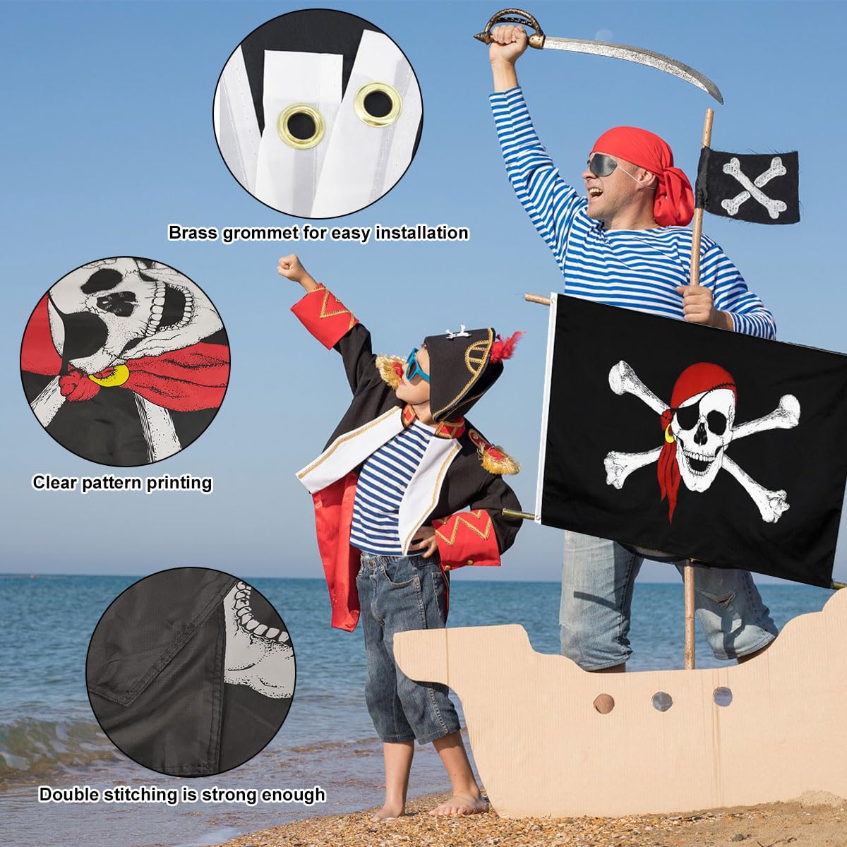 Flaga pirata 60 x 90 cm – wzór trupiej czaszki i noża krzyżowego – 2 sztuki na imprezy Halloween i dekoracje