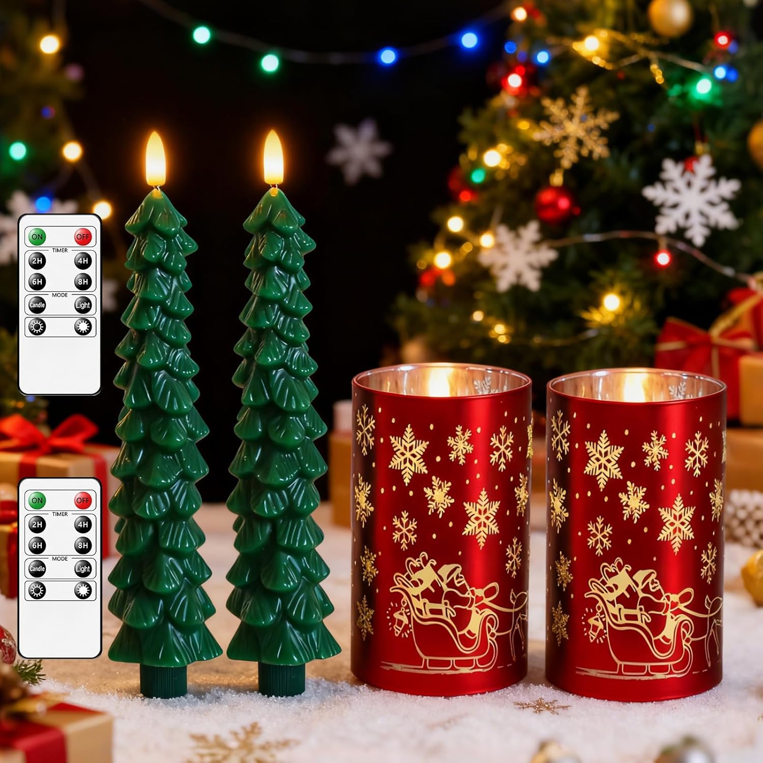 Lezonic Christmas Flameless Candles with Remote, Green Christmas Tree Flickering Battery Operated Window Candlesticks, Red Glass Xmas New Year Decorations Gifts, Set of 4 Real Wax LED Candles
