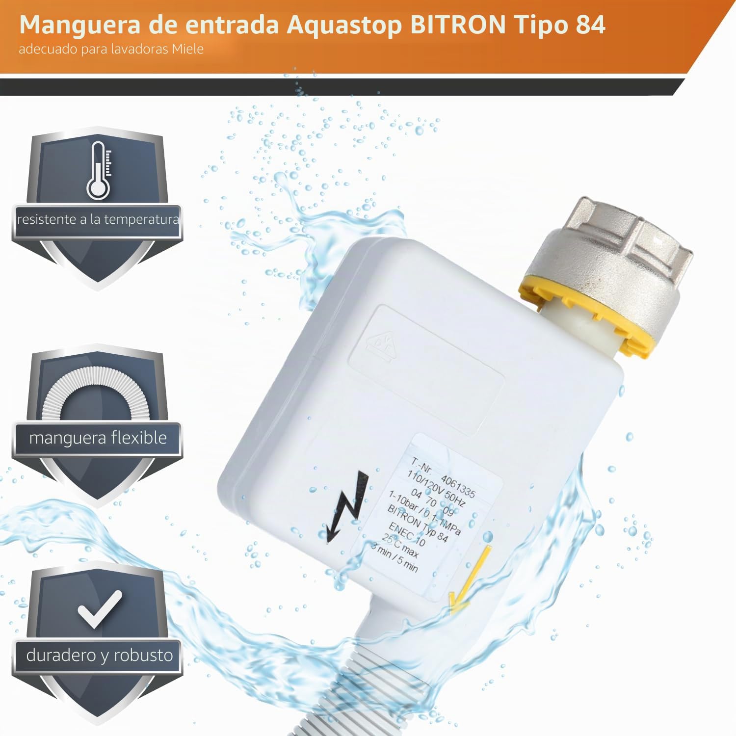 Kenekos - Manguera de entrada Aquastop de 2,2 m BITRON tipo 84 adecuada para lavadora Miele 4622714/4061335, 3/4 pulgada WPS, manguera de entrada de seguridad con conexión eléctrica