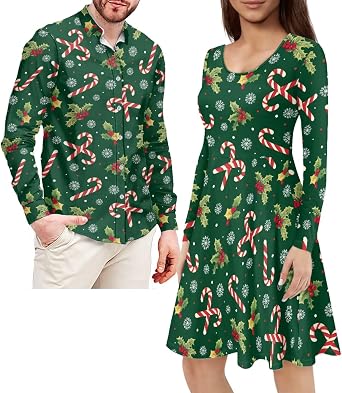 INSTANTARTS Couple Matching Outfit Mens Button Up Shirt Long Sleeve Shirts and Womens Long Sleeve Dress