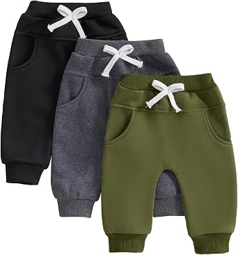 Sejardin Toddler Baby Boys Fleece Sweatpants 3 Pack Solid Color Elastic Waist Jogger Pants Infant Winter Warm Bottoms